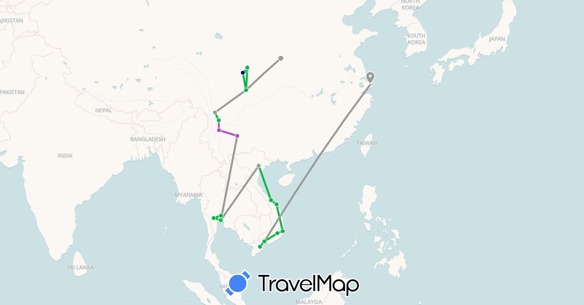 TravelMap itinerary: driving, bus, plane, train in China, Thailand, Vietnam (Asia)
